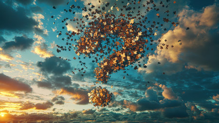 A vibrant question mark composed of colorful leaves floats in a dramatic sky filled with clouds during a stunning sunset, symbolizing curiosity and imagination.の素材