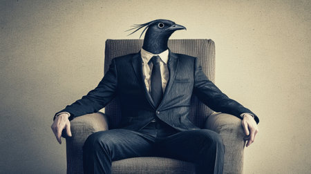 A surreal image showcasing a businessman with a bird head, seated on a stylish chair, symbolizing the blend of professionalism and imagination.の素材