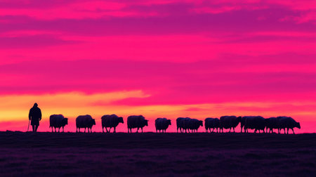 A shepherd gracefully walks with his flock of sheep against a breathtaking backdrop of vibrant pink and orange hues at dusk, embodying rural tranquility.の素材