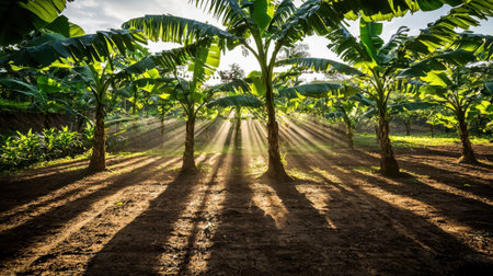 A captivating scene of banana trees basking in golden sunlight, casting dramatic shadows across the rich soil. Perfect for nature lovers and agriculture themes.の素材