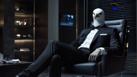 A surreal portrayal of an elegant businessman in a modern office, wearing a distinctive bird mask that challenges traditional identity.の素材