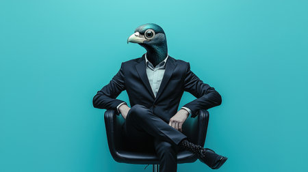 Explore a creative composition featuring a humanoid in a formal suit with a bird head against a vibrant blue backdrop, merging fantasy and reality.の素材