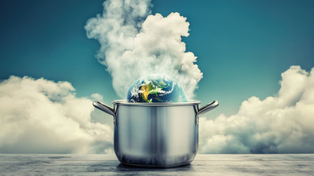 This imaginative artwork portrays the Earth in a cooking pot with steam rising among clouds, symbolizing urgent climate issues and environmental awareness.の素材