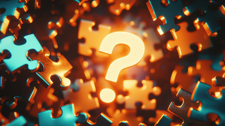 An intriguing image of colorful puzzle pieces surrounding a glowing question mark, representing curiosity and the process of problem-solving in a vibrant abstract setting.の素材