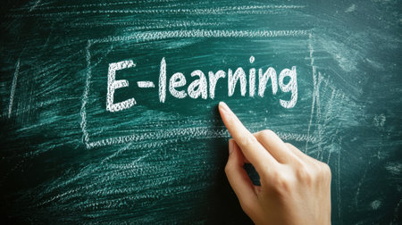 A hand points at a chalkboard displaying the text E-learning, emphasizing the modern approach to education and online learning methods.の素材