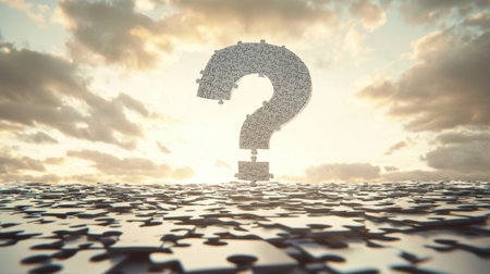 A captivating visual representation of uncertainty, featuring a large question mark made of puzzle pieces against a dramatic sunset backdrop.の素材