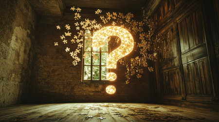 An intriguing indoor scene featuring a glowing question mark made of floating puzzle pieces, creating a sense of mystery and exploration in a dimly lit, abandoned room.の素材