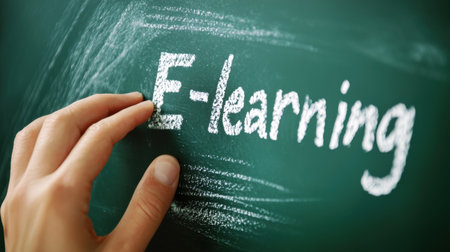 Close-up view of a hand writing "E-learning" on a chalkboard, symbolizing the concept of online education and modern learning strategies effectively.の素材
