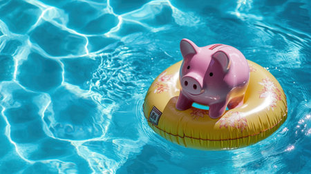 A playful pink pig floating toy rests on a vibrant yellow ring in a shimmering blue swimming pool, perfect for summer enjoyment and relaxation.の素材