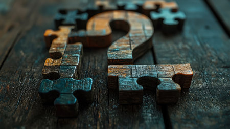 A close-up view of vintage wooden puzzle pieces creatively arranged to form a question mark, resting on a rustic wooden surface, symbolizing curiosity and inquiry.の素材