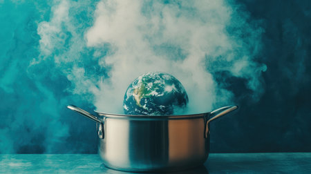 This captivating image features Earth placed in a pot, surrounded by steam, symbolizing environmental challenges and the urgency of climate action.の素材