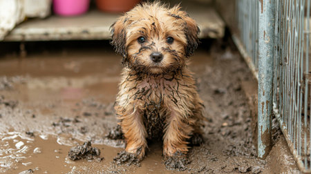 A cute puppy sitting in a muddy puddle, displaying a mix of innocence and mischief with its sad expression. Perfect for pet lovers.の素材