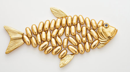 This captivating image features a beautifully designed fish created from golden shapes arranged artfully on a clean, white background, perfect for various creative projects.の素材