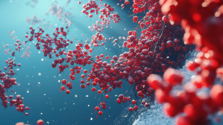 Experience the enchantment of vibrant red berries scattered across a dreamy winter landscape, illuminated by gentle light beams and a soft snowy backdrop.の素材