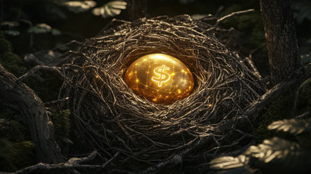 A stunning representation of a golden egg nestled in a twigs nest, signifying wealth and prosperity in a natural setting, embodying growth and abundance.の素材