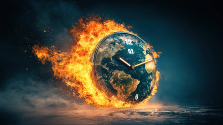 A dramatic image of a clock engulfed in flames, representing urgency and the passage of time. This compelling illustration captures the tension between time and nature, evoking a sense of crisis and urgency.の素材