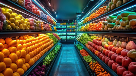 Explore a captivating supermarket aisle showcasing a vibrant array of fresh fruits, arranged with care and illuminated for maximum appeal.の素材