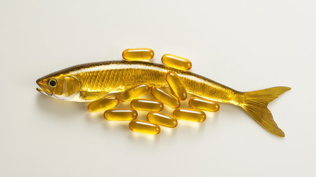 A vibrant fish with golden oil capsules symbolizes the importance of omega-3 in maintaining a balanced diet and promoting overall wellness.の素材