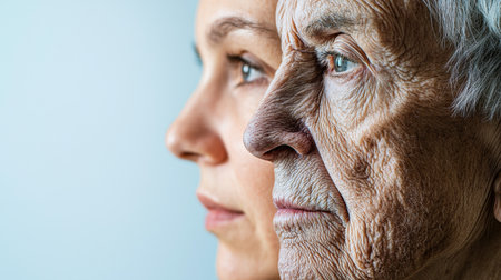This poignant image captures the side profiles of a young woman and an elderly man, showcasing the beauty and complexity of generational contrast and human experience.の素材