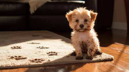This charming puppy, playfully covered in mud, sits on a cozy rug scattered with paw prints, soaking up the gentle sunlight indoors.の素材