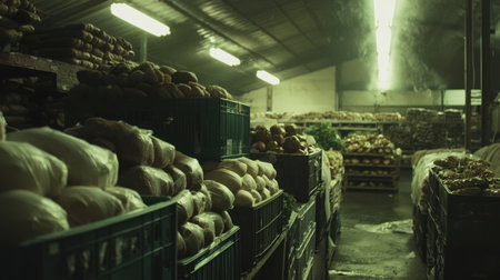 A well-organized warehouse filled with fresh produce in crates. The atmosphere captures the essence of agricultural abundance and community-driven food sourcing.の素材