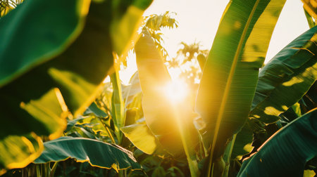 A stunning capture of sunlight streaming through vibrant banana leaves in a tropical garden, showcasing nature's beauty during the golden hour.の素材