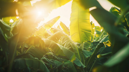 A breathtaking view of lush banana leaves beautifully illuminated by sunlight, creating a vibrant atmosphere in a tropical paradise. Perfect for illustrating nature's beauty.の素材