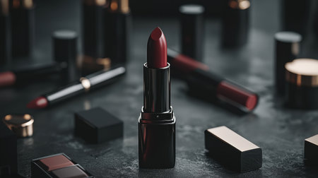 A striking image of elegant red lipstick placed at the center, surrounded by various cosmetic containers. The dark textured background enhances the modern beauty theme and evokes a sense of luxury and glamour. Perfect for beauty-related projects.の素材