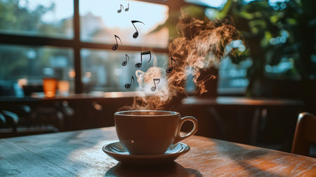 A serene morning scene featuring a steaming cup of coffee with floating musical notes, captured in a cozy cafe setting. Perfect for relaxation.の素材