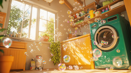 A sunny laundry room captures a moment of joy with a colorful washing machine and bubbles floating in the air, creating a cheerful atmosphere.の素材