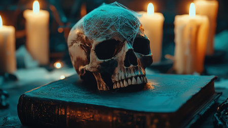 A dark still life scene featuring a skull placed on an ancient book, surrounded by glowing candles and delicate webs, creating a mysterious atmosphere.の素材