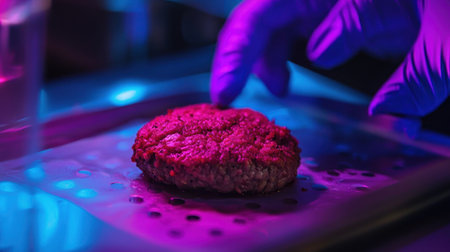 A vibrant close-up of a raw burger patty on a perforated tray in a modern kitchen, illuminated by colorful lighting effects.の素材