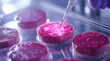 Detailed view of a laboratory experiment showing a pipette transferring liquid in petri dishes, illustrating microbial culture growth and analysis.の素材