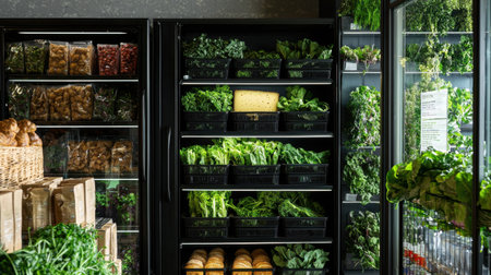 A vibrant grocery store scene showcasing a well-organized display of fresh vegetables and greens, emphasizing healthy and organic choices.の素材