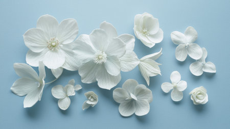 This beautiful arrangement features delicate white flowers on a soft blue background, perfect for designs that highlight purity and elegance.の素材