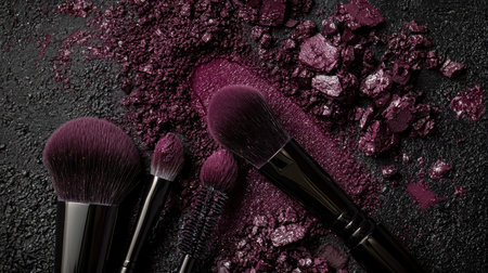 Close-up of high-quality makeup brushes arranged with vibrant purple powder and glitter on a textured dark background. Ideal for beauty themes.の素材