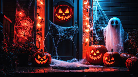 Explore a hauntingly delightful Halloween scene featuring carved pumpkins, eerie spider webs, and a ghostly figure on a festive porch.の素材