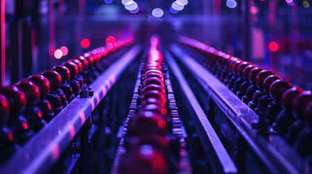 A mesmerizing view of a conveyor belt system featuring glowing red balls under vibrant lights, showcasing modern factory automation and design.の素材