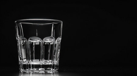 This image features an empty glass with a unique design set against a black background, ideal for showcasing beverages or minimalist decor concepts.の素材