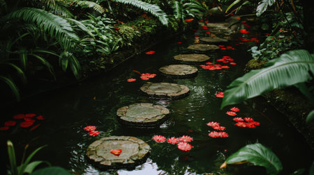 A tranquil scene featuring a stone pathway meandering through a lush tropical garden, adorned with vibrant water lilies and rich greenery.の素材