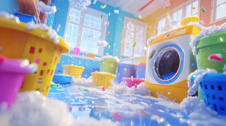 A vibrant and colorful laundry room showcases a modern washing machine surrounded by bubbles and baskets of clothes, creating a playful and cheerful atmosphere.の素材