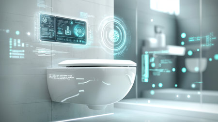 Explore a modern smart toilet featuring a sleek design and digital interface, set in a futuristic bathroom environment. This innovative restroom element enhances hygiene and convenience through technology, catering to contemporary lifestyle needs.の素材
