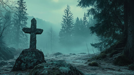 A hauntingly beautiful forest scene featuring a stone cross shrouded in mist. The tall trees loom in the background, creating an atmosphere of mystery and solitude.の素材
