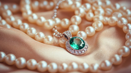 This captivating jewelry image showcases a silver necklace with a stunning green gemstone pendant, elegantly placed on soft satin with pearl beads.の素材