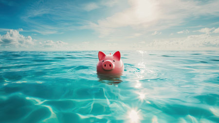 A whimsical scene featuring a pink piggy bank gently floating on tranquil ocean waters, illuminated by bright sunlight, suggesting themes of savings and carefree summer adventures.の素材