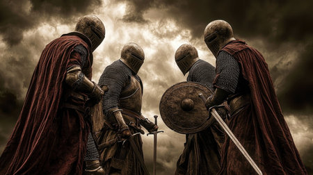 Four armored knights stand ready for battle against a dark and stormy sky, evoking a sense of bravery and ancient conflict in a dramatic atmosphere.の素材