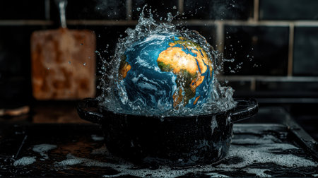 A visually striking representation of the Earth placed in a pot filled with water, showcasing splashes that symbolize the urgency of climate change.の素材