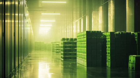 This captivating image shows a mysterious warehouse filled with green boxes, illuminated by neon lights and enveloped in a soft fog, creating an intriguing industrial scene.の素材