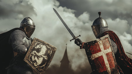 Experience a fierce clash between two knights in shining armor, battling fiercely under a brooding sky, capturing the essence of medieval warfare.の素材