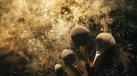 An artistic display of makeup brushes against a shimmering glitter background. The warm tones and intricate details create an inviting atmosphere for beauty enthusiasts and professionals alike.の素材